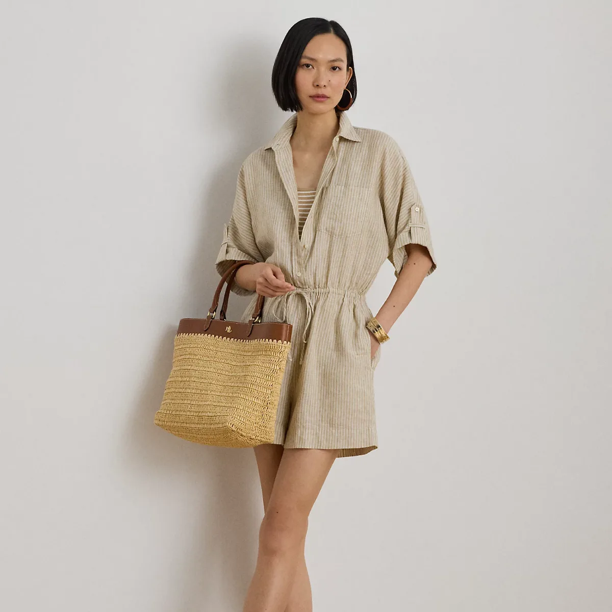 Striped Linen Roll-Tab-Sleeve Romper by Ralph Lauren