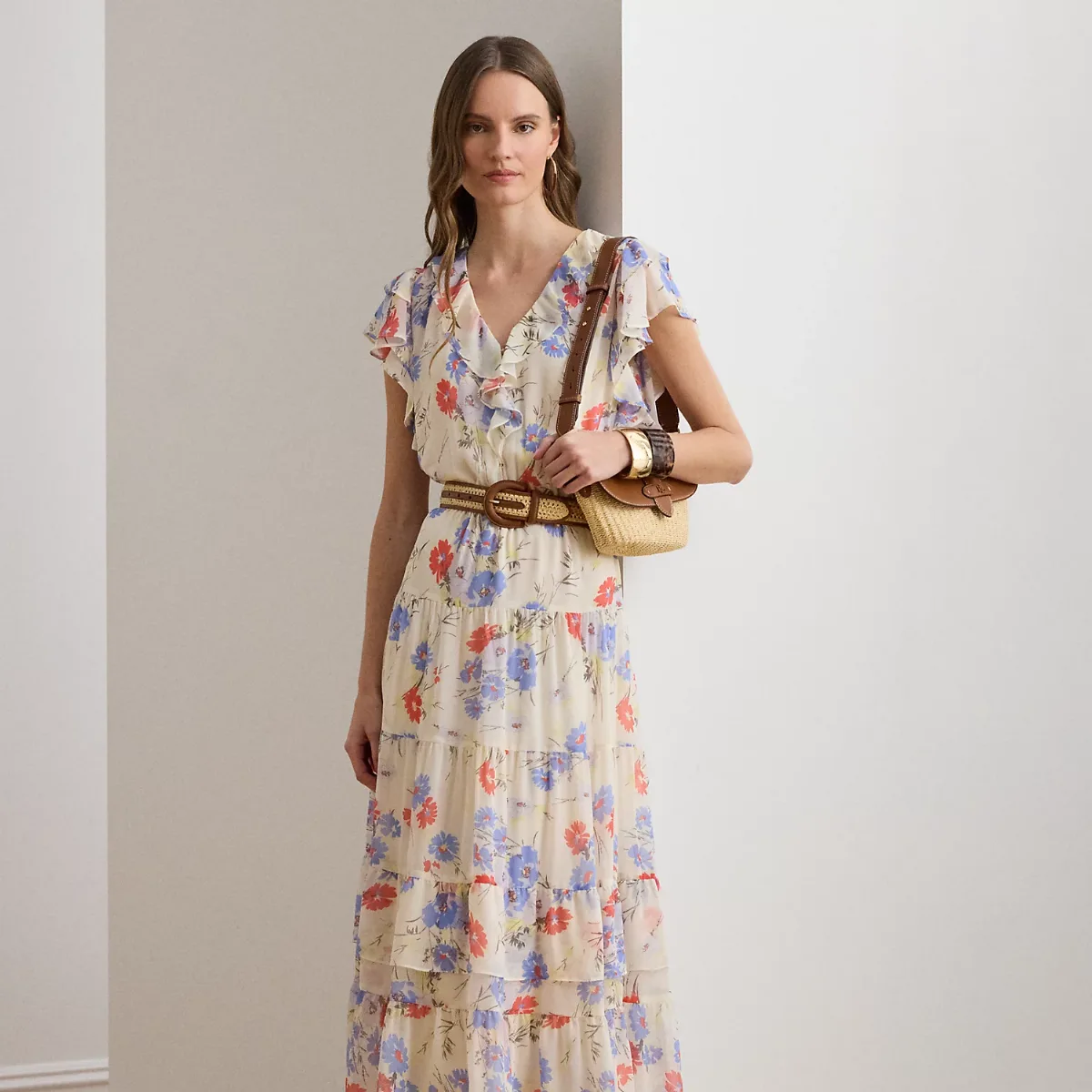 Floral Belted Georgette Tiered Dress by Ralph Lauren