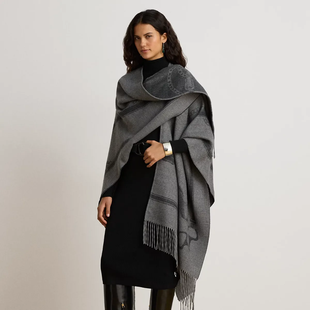 Belting-Motif Jacquard Fringe-Trim Ruana by Ralph Lauren