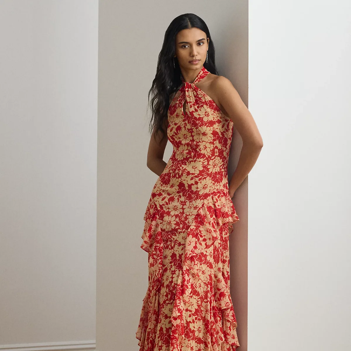 Floral Ruffle-Trim Georgette Halter Gown by Ralph Lauren