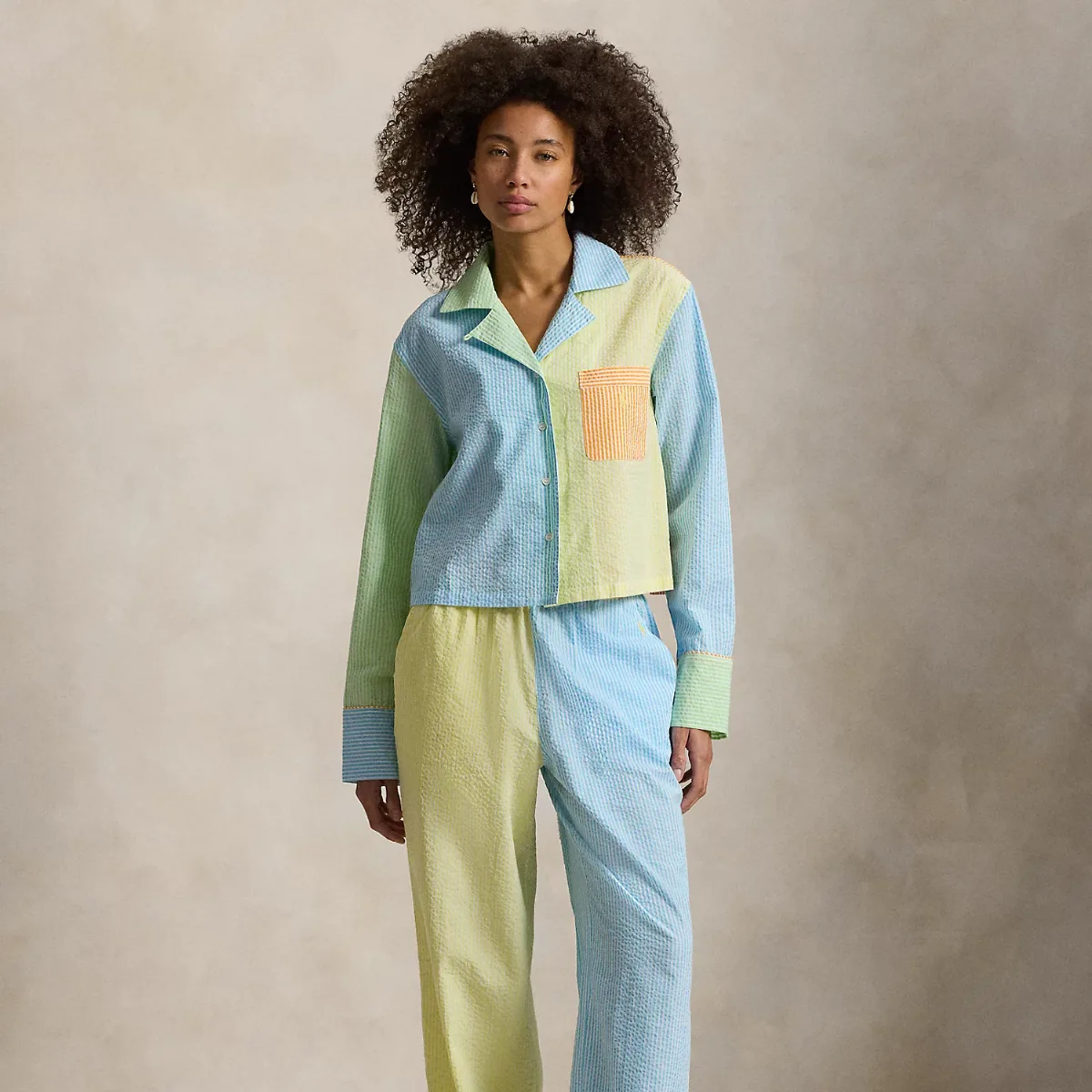 Color-Blocked Seersucker Pajama Set