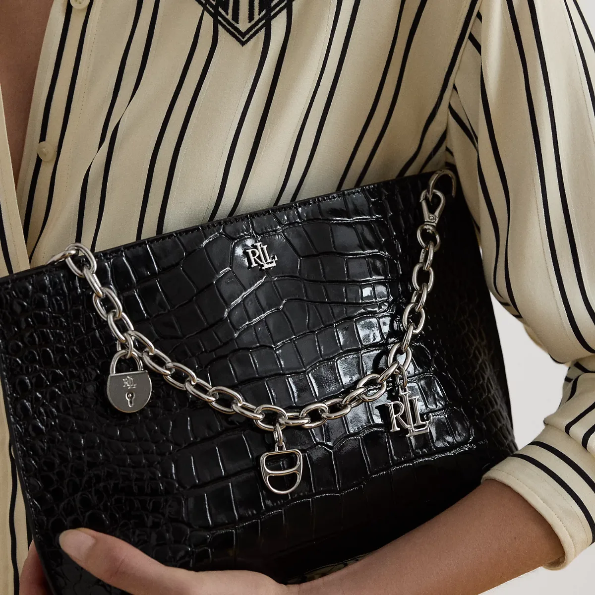 Chain-Trim Embossed Leather Large Pouch by Ralph Lauren