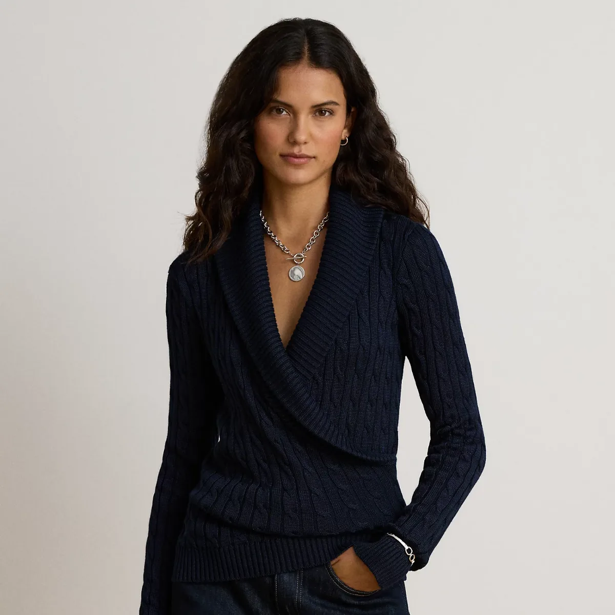 Cable Cotton-Blend Shawl-Collar Sweater by Ralph Lauren
