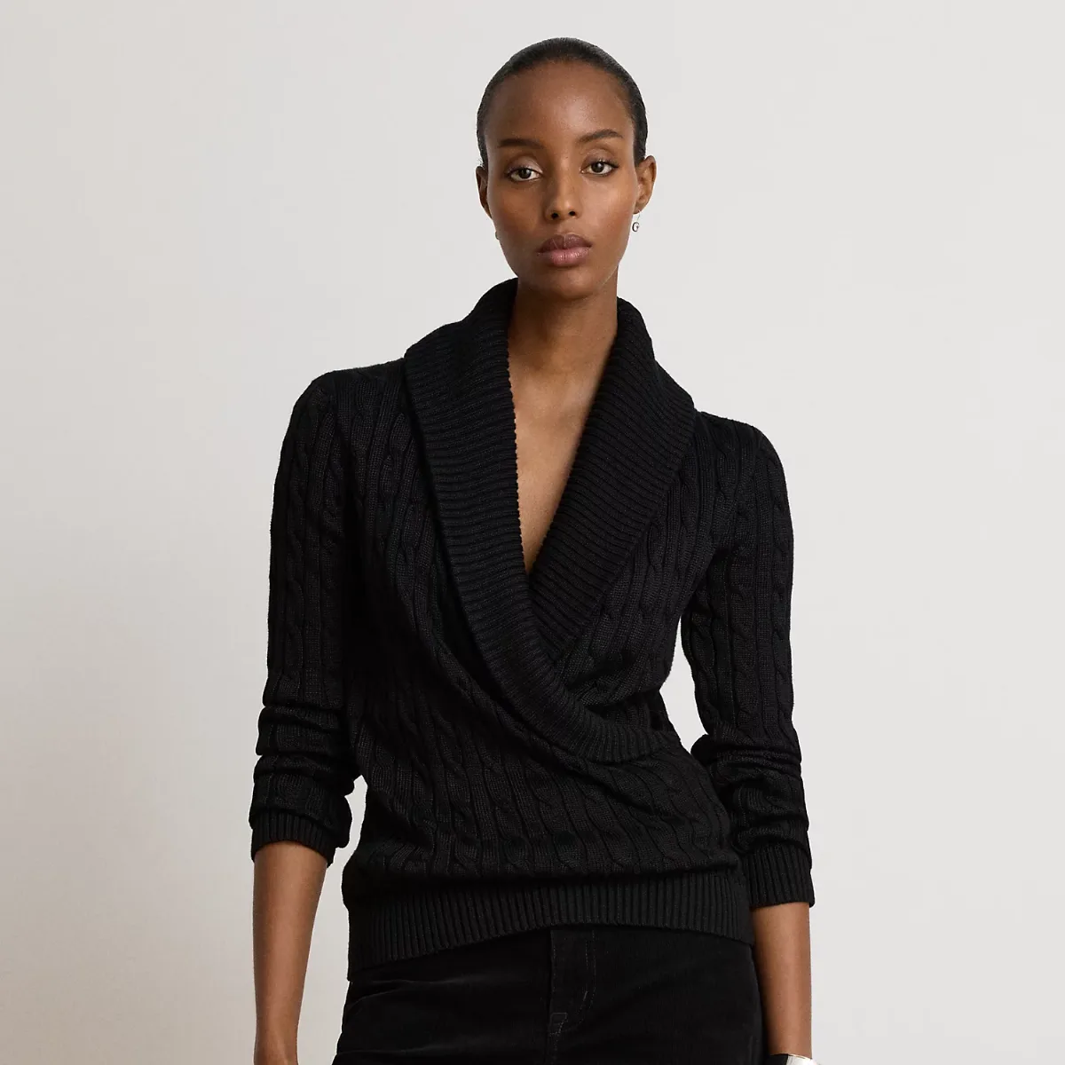Cable Cotton-Blend Shawl-Collar Sweater by Ralph Lauren