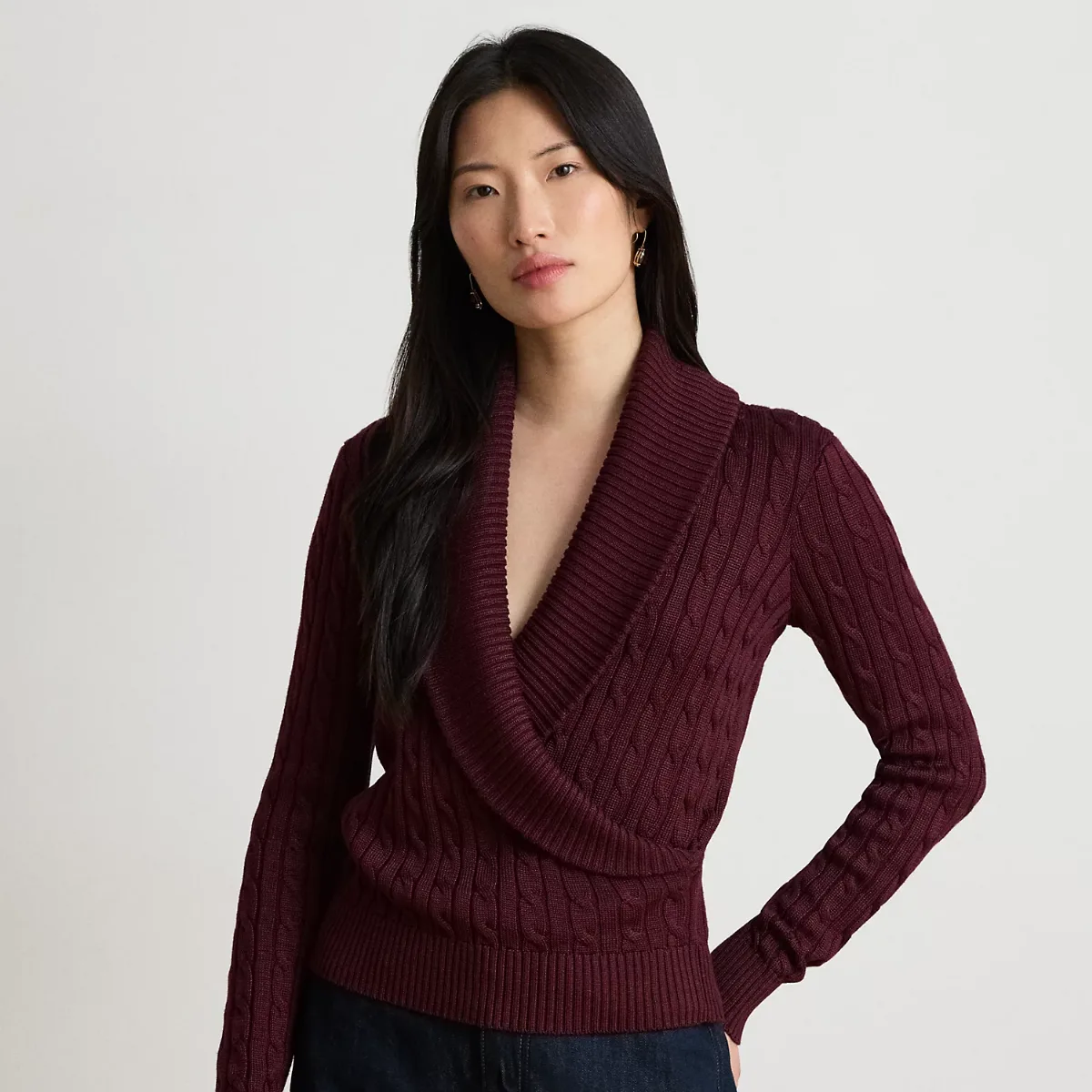 Cable Cotton-Blend Shawl-Collar Sweater