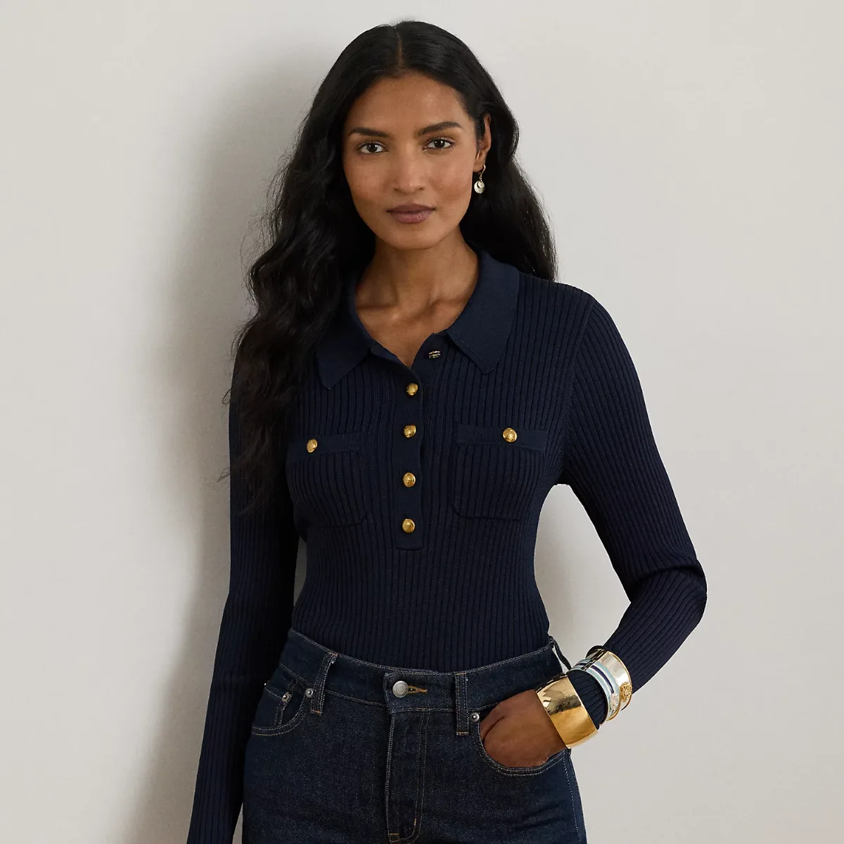 Rib-Knit Long-Sleeve Polo Sweater by Ralph Lauren