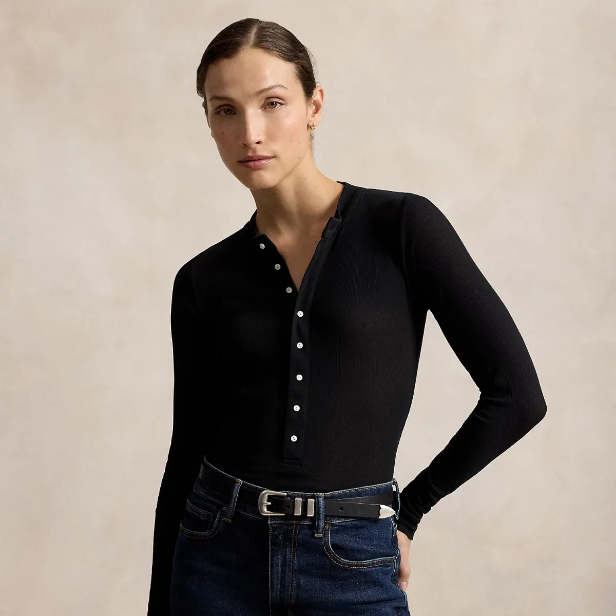 Ribbed Crepe Henley Shirt