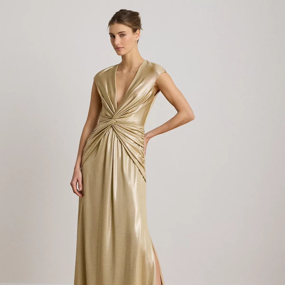 Twist-Front Metallic Cap-Sleeve Gown by Ralph Lauren