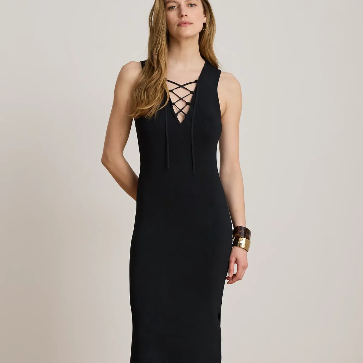 Lace-Up Rib-Knit Sleeveless Gown by Ralph Lauren