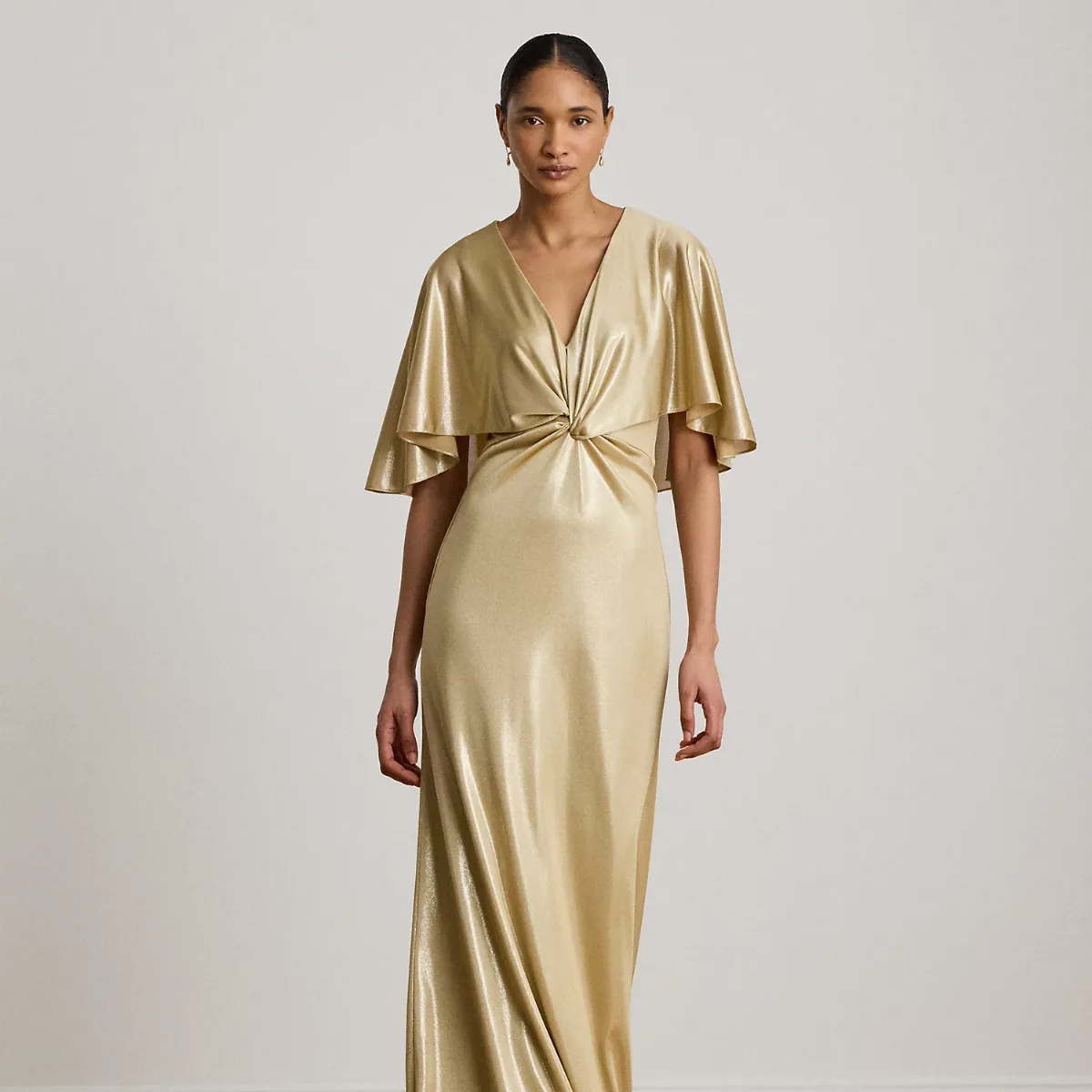 Metallic Jersey Twist-Front Cape Gown by Ralph Lauren