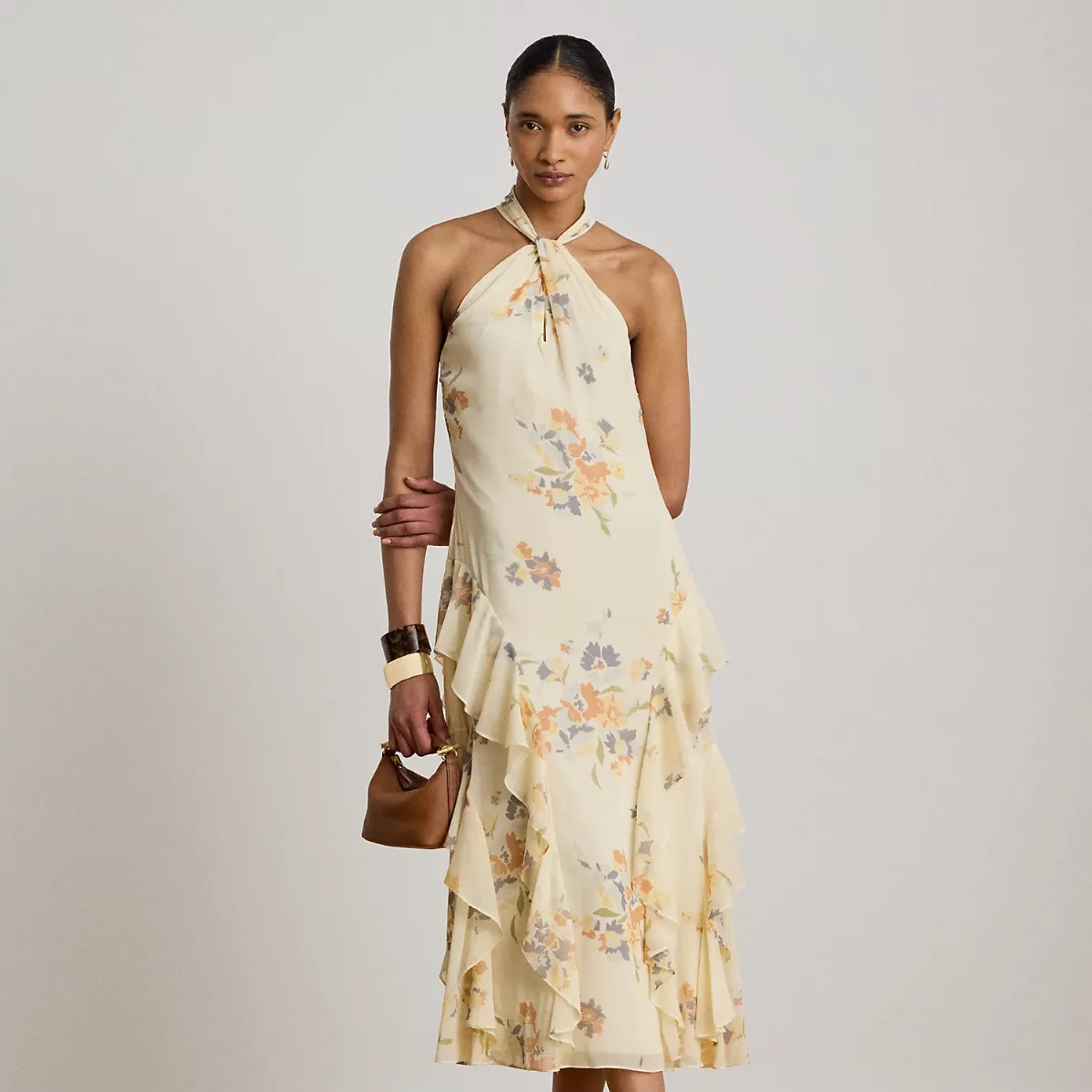 Floral Ruffle-Trim Halter Cocktail Dress