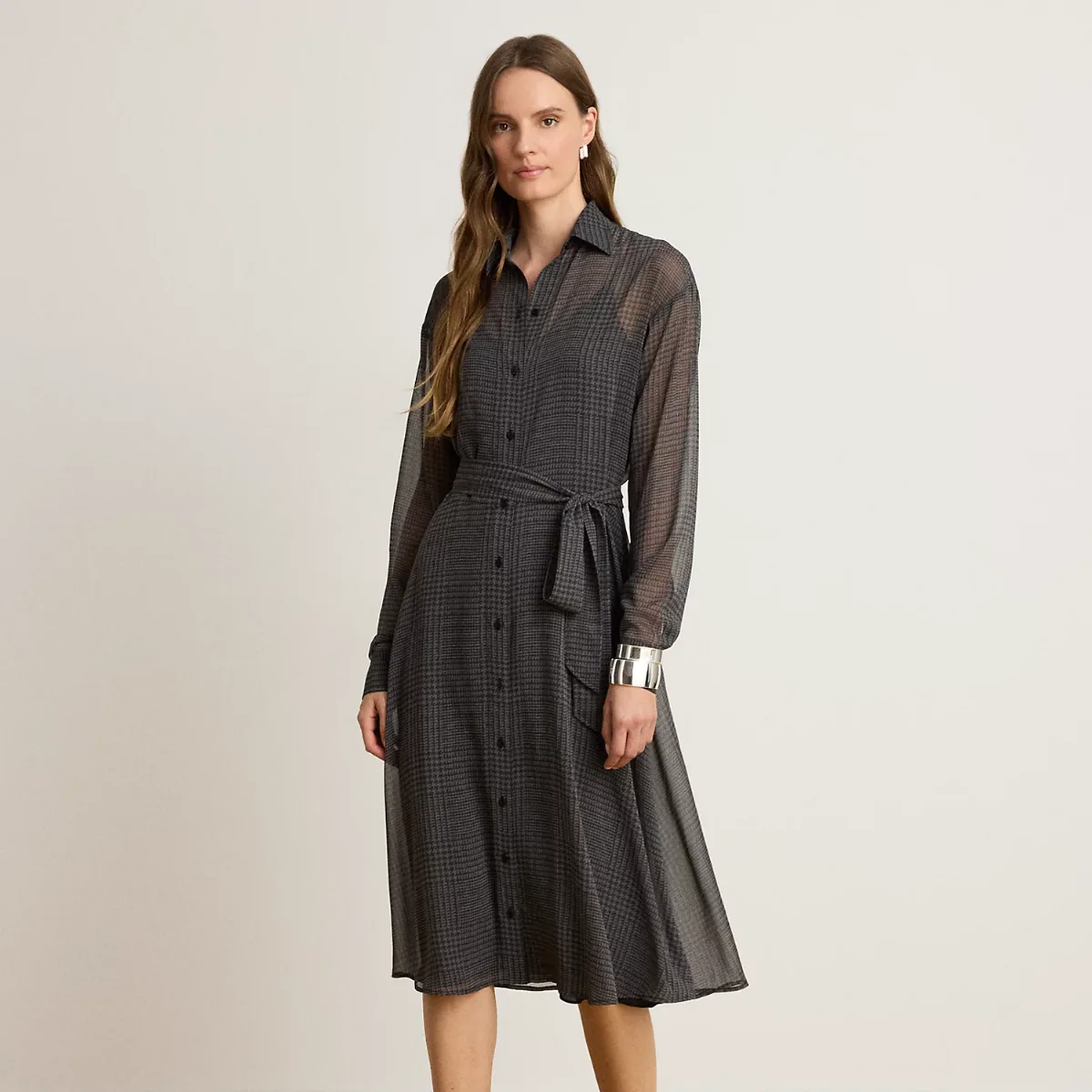 Glen Plaid Belted Chiffon Shirtdress by Ralph Lauren