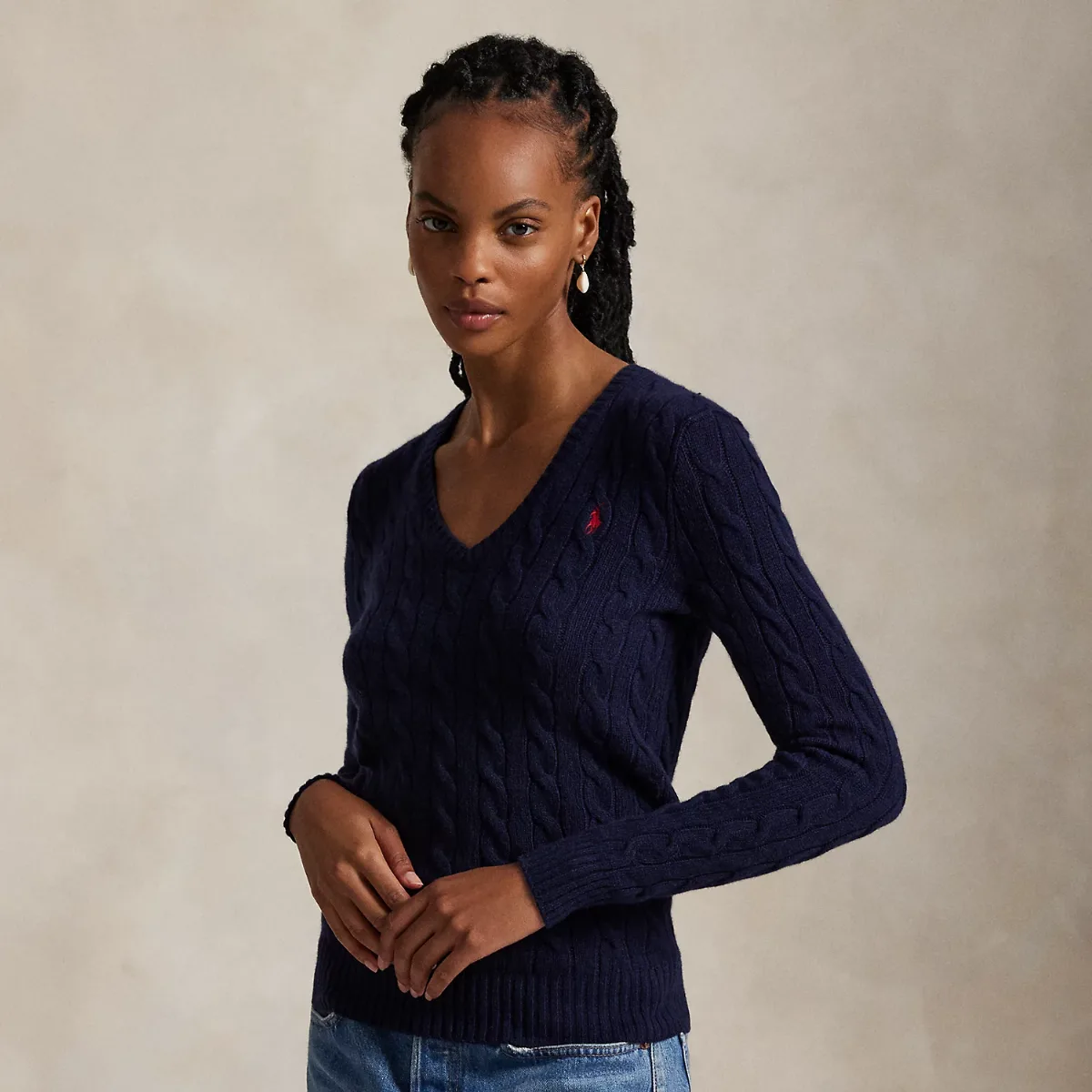 Cable-Knit Wool-Cashmere V-Neck Sweater by Ralph Lauren