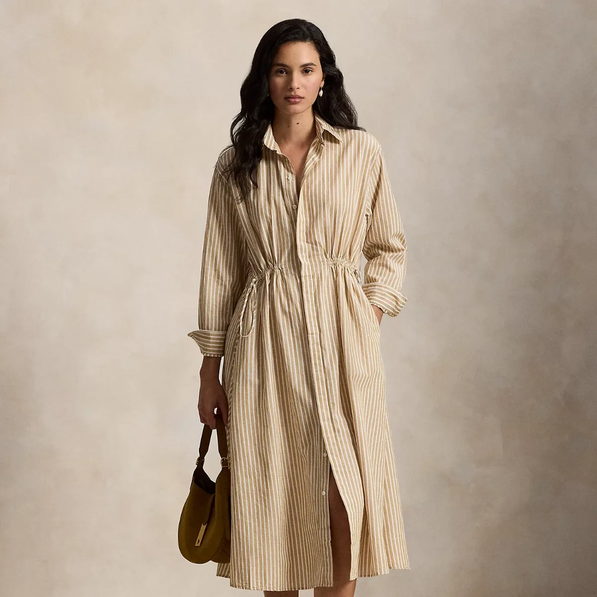 Striped Cotton-Linen Drawcord Shirtdress by Ralph Lauren
