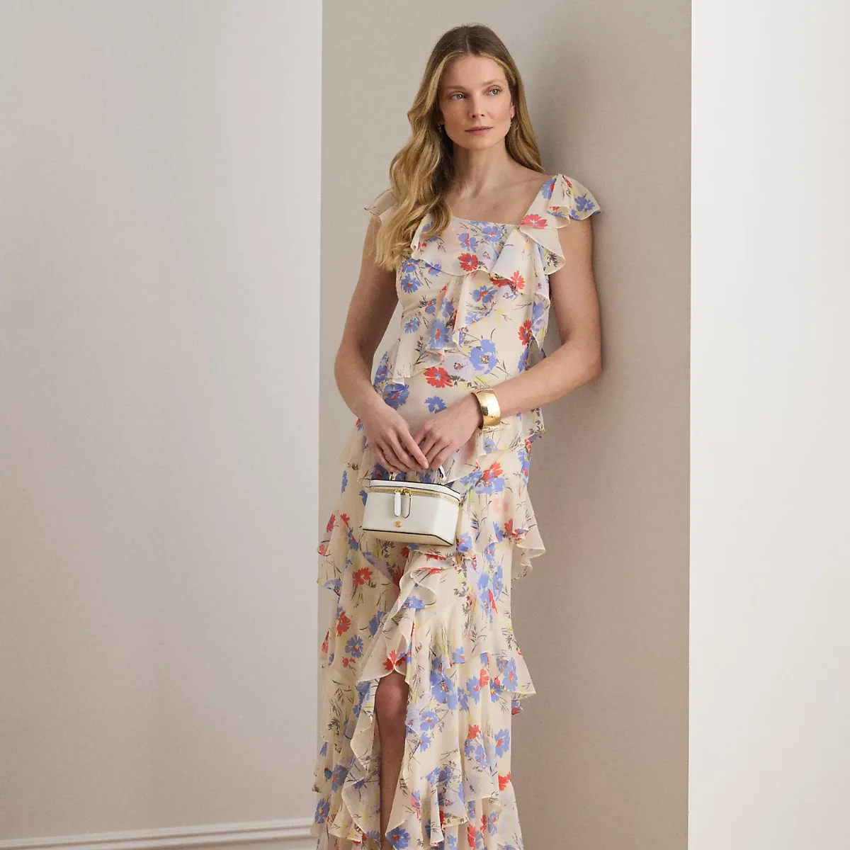 Floral Ruffle-Trim Georgette Tiered Gown by Ralph Lauren