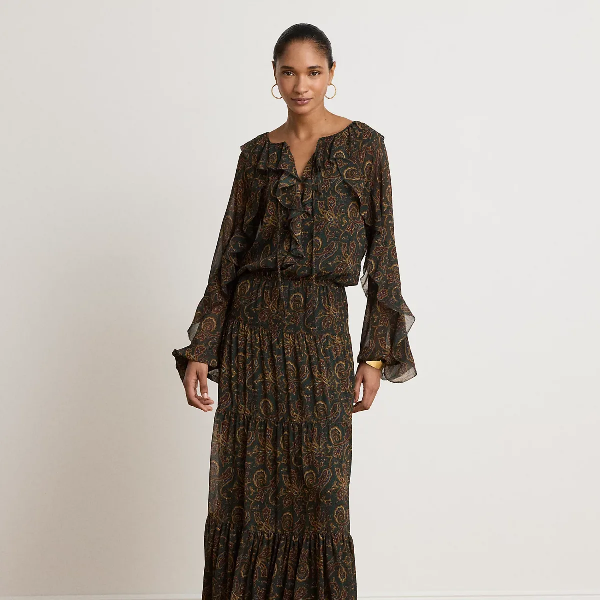 Paisley Ruffle-Trim Georgette Maxidress by Ralph Lauren