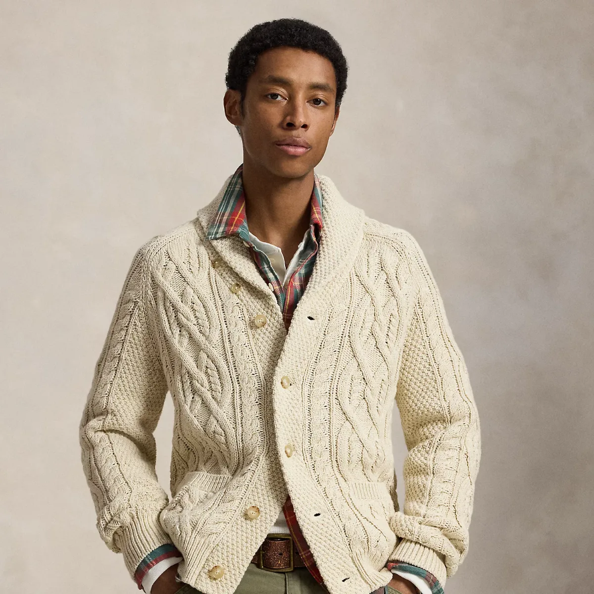 Aran-Knit Cotton Shawl Cardigan