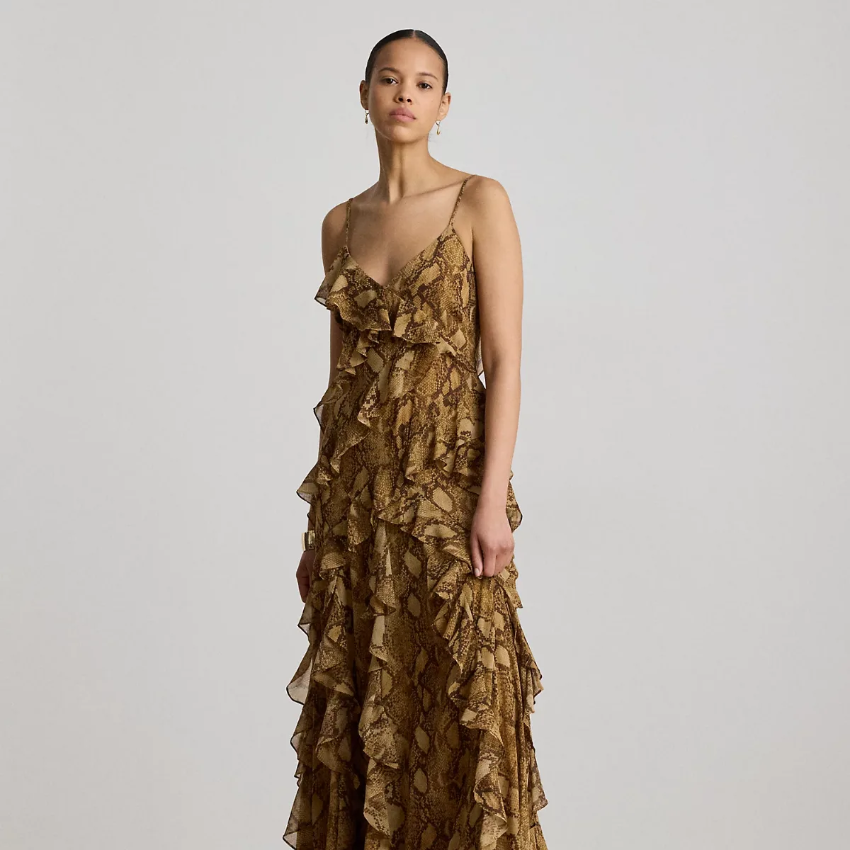 Python-Print Ruffle-Trim Georgette Gown by Ralph Lauren