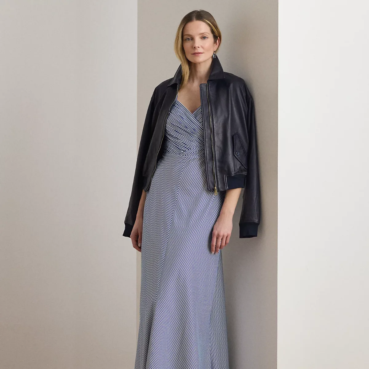 Striped Pleated Taffeta Sleeveless Gown by Ralph Lauren