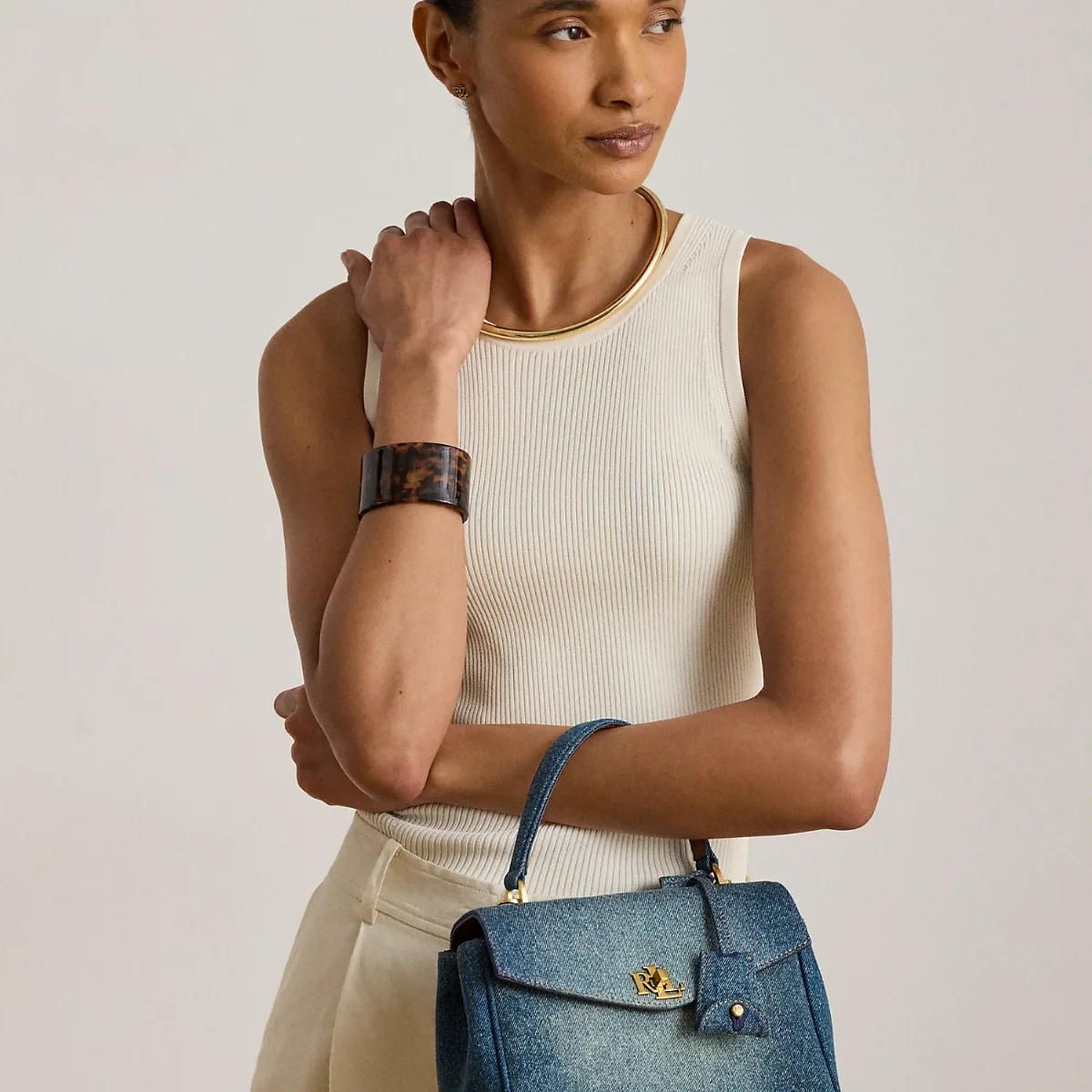 Washed Denim Small Farrah Soft Satchel by Ralph Lauren