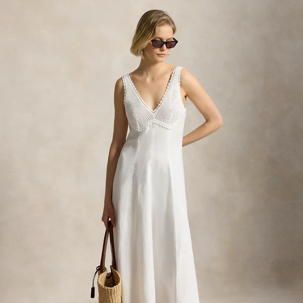 Crochet-Trim Linen Dress by Ralph Lauren