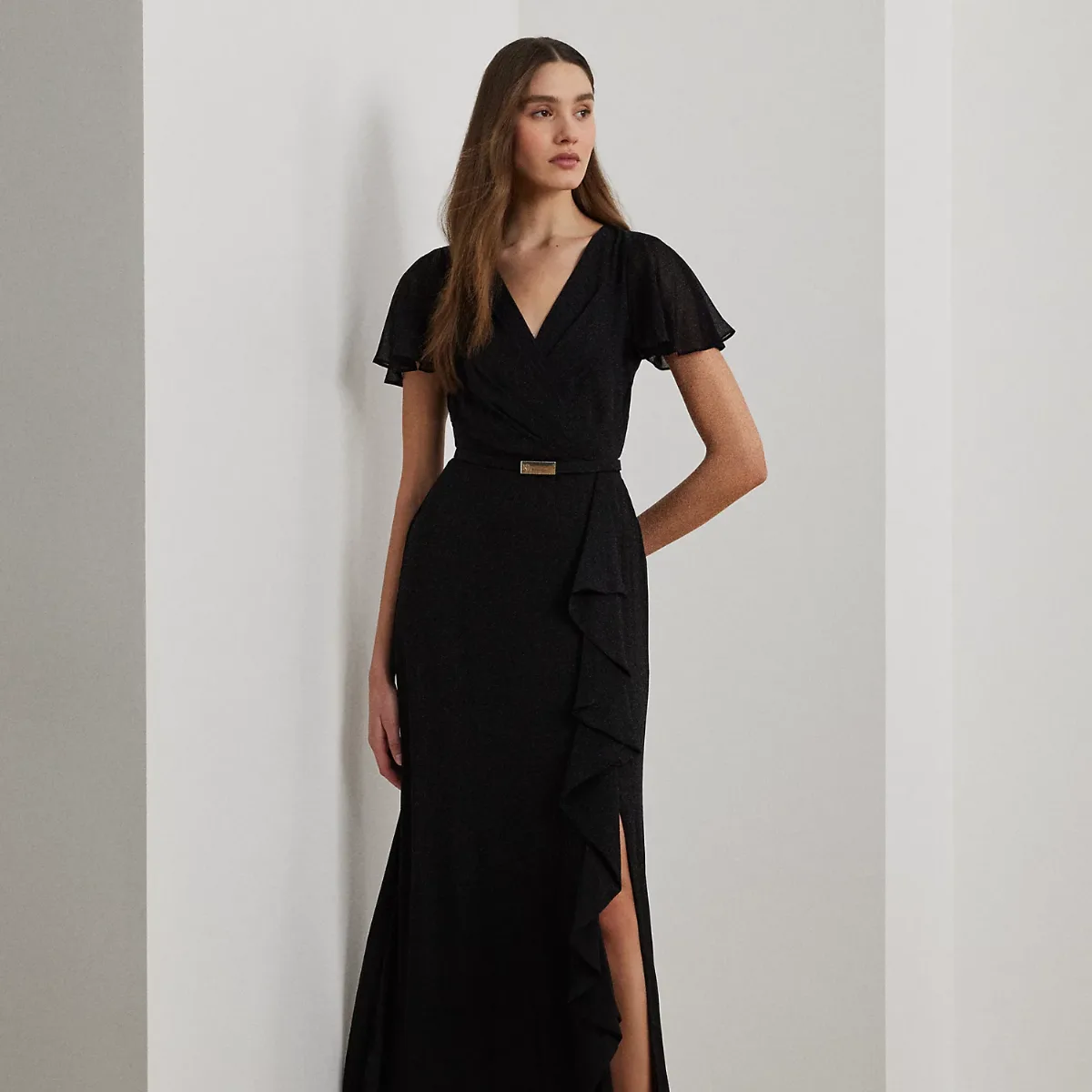 Belted Georgette Flutter-Sleeve Gown