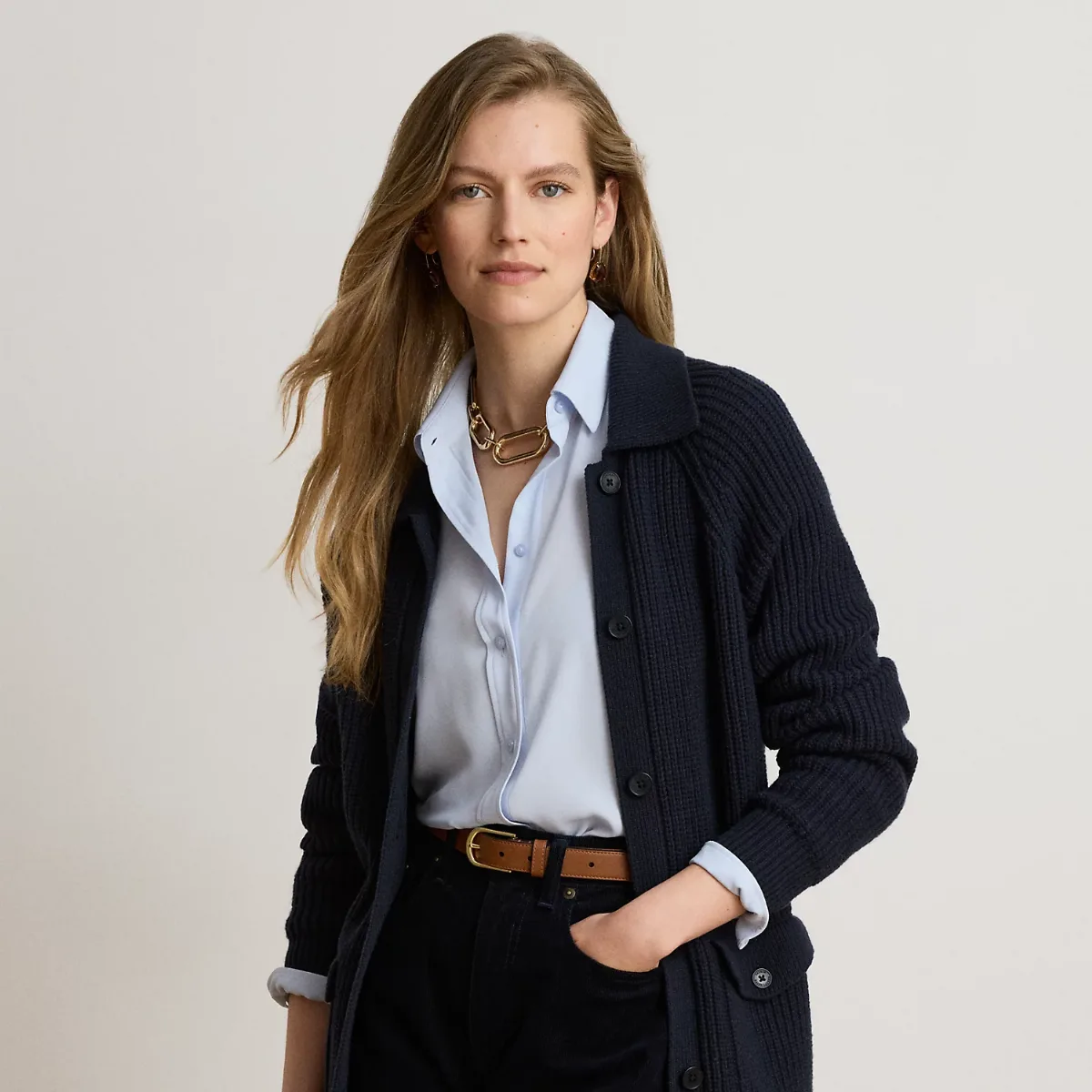 Wool-Blend Rib-Knit Collared Cardigan by Ralph Lauren