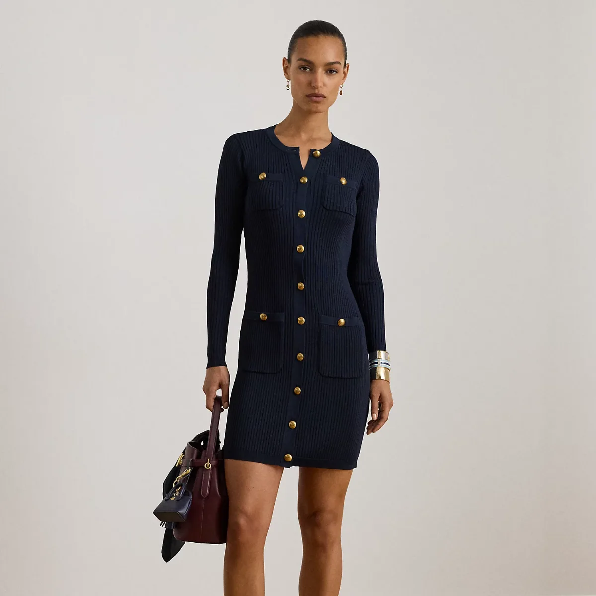 Button-Trim Rib-Knit Sweater Dress by Ralph Lauren
