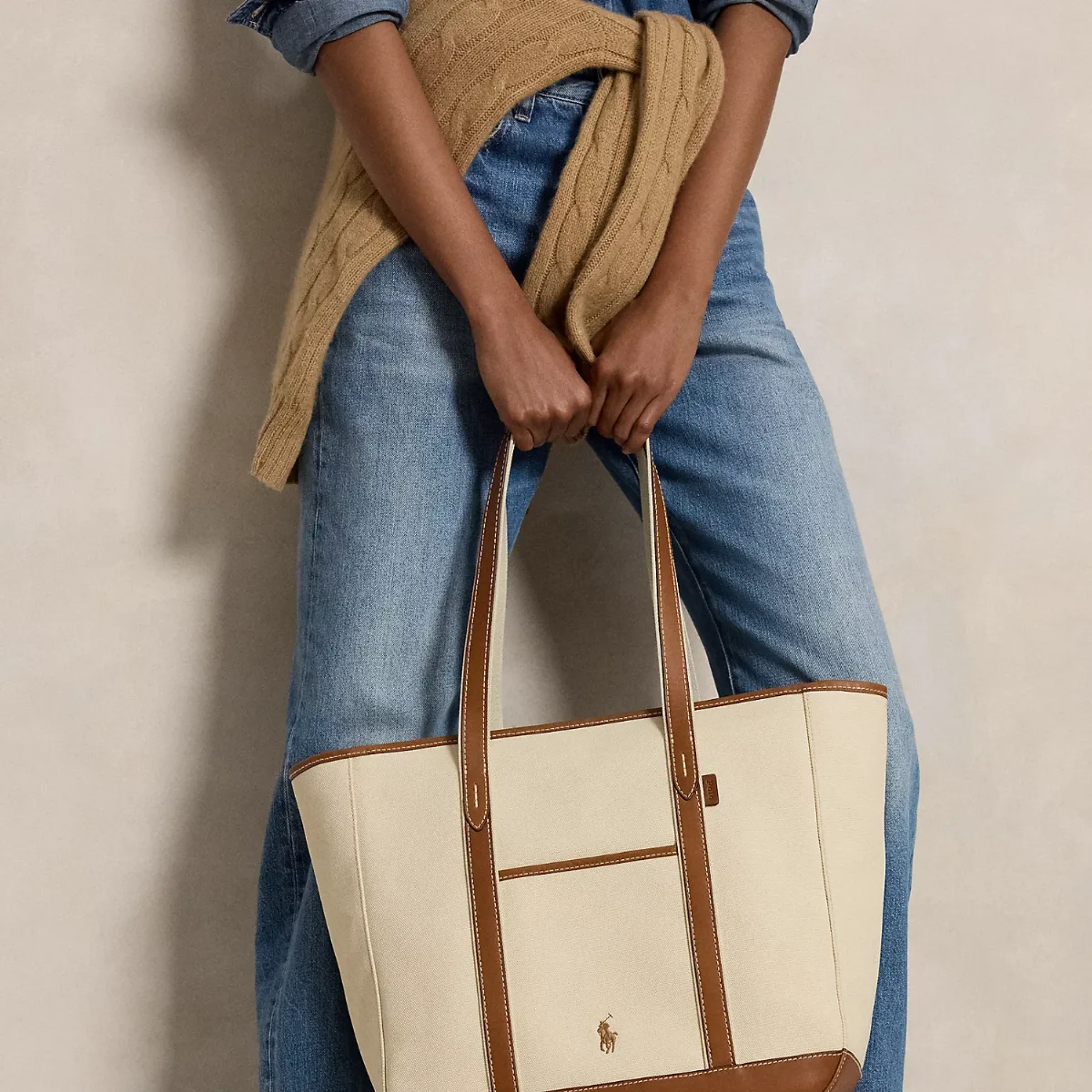 Leather-Trim Canvas Medium Shopper Tote