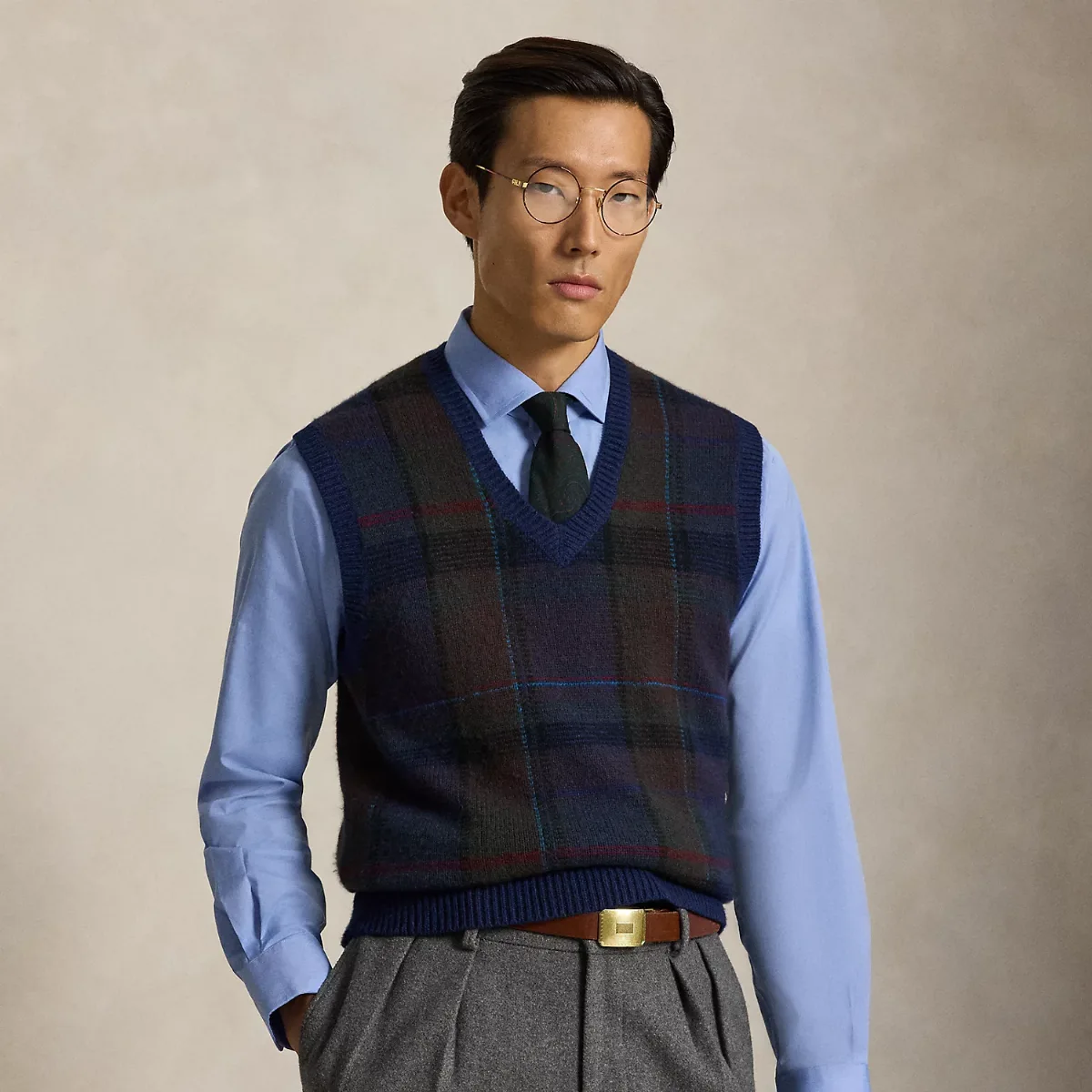 Plaid Wool-Cotton Sweater Vest
