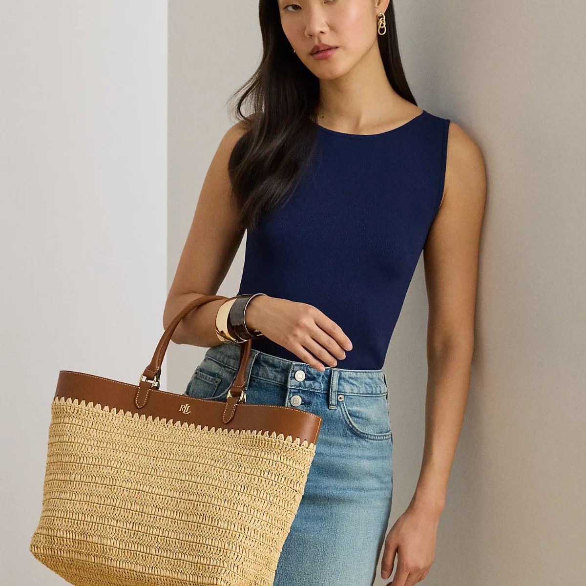 Leather-Trim Straw Large Kyla Tote Bag by Ralph Lauren