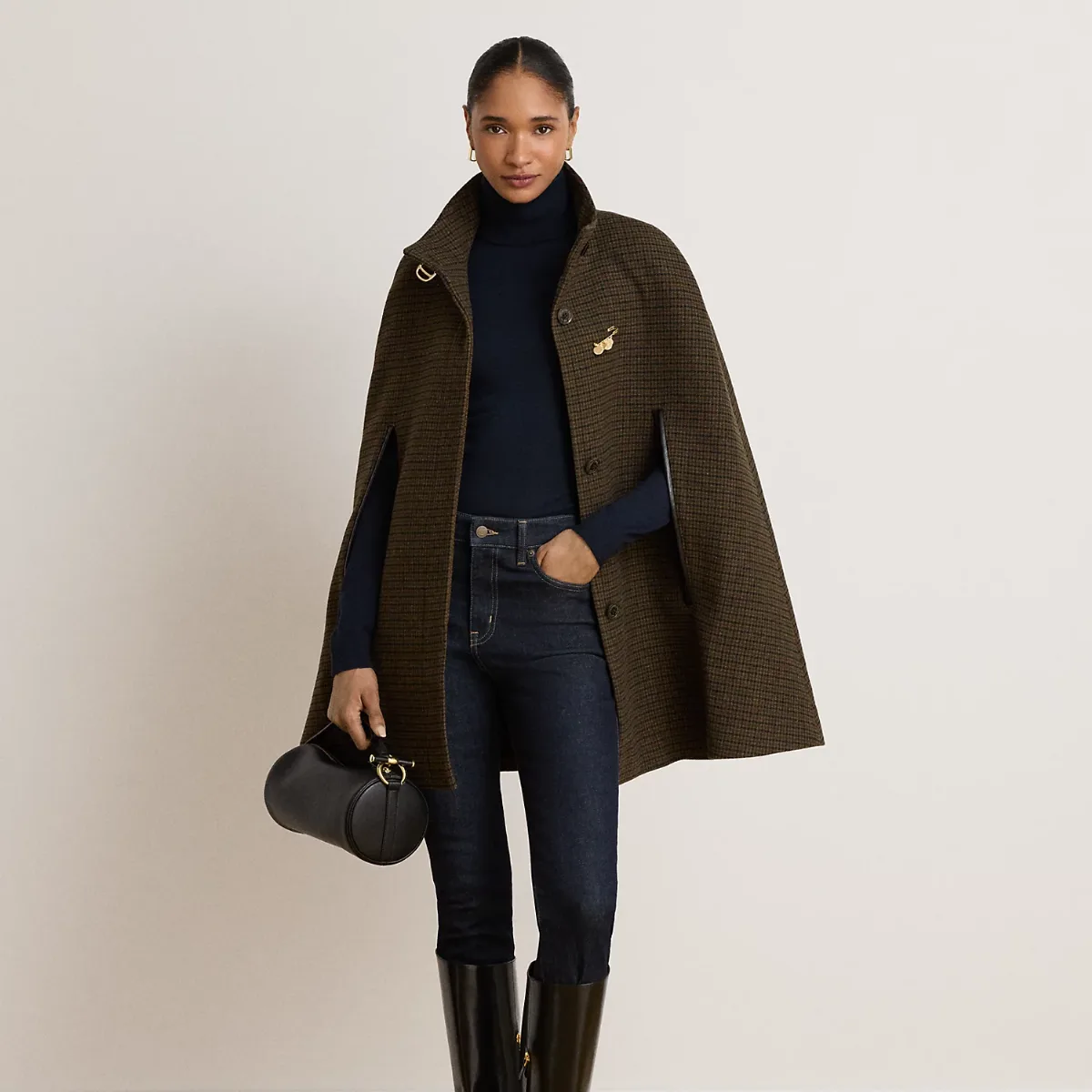 Houndstooth Buckle-Trim Mockneck Cape by Ralph Lauren