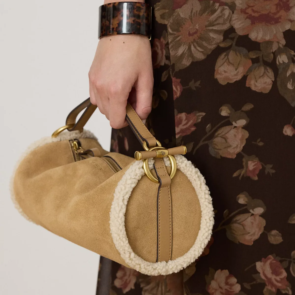 Shearling-Trim Medium Blaike Barrel Bag by Ralph Lauren