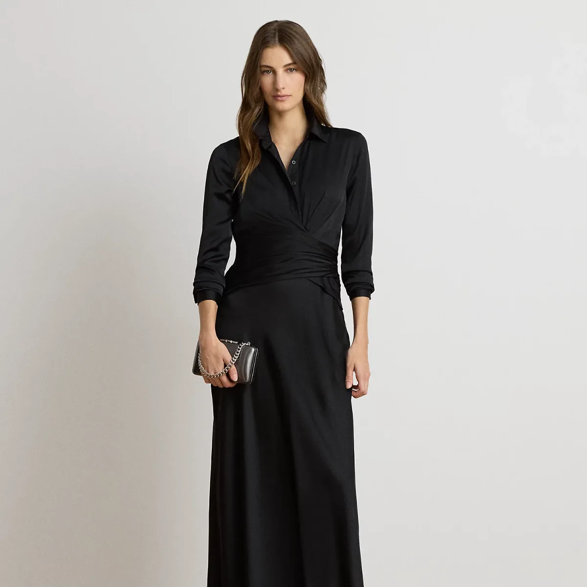 Pleated Button-Up Charmeuse Gown by Ralph Lauren