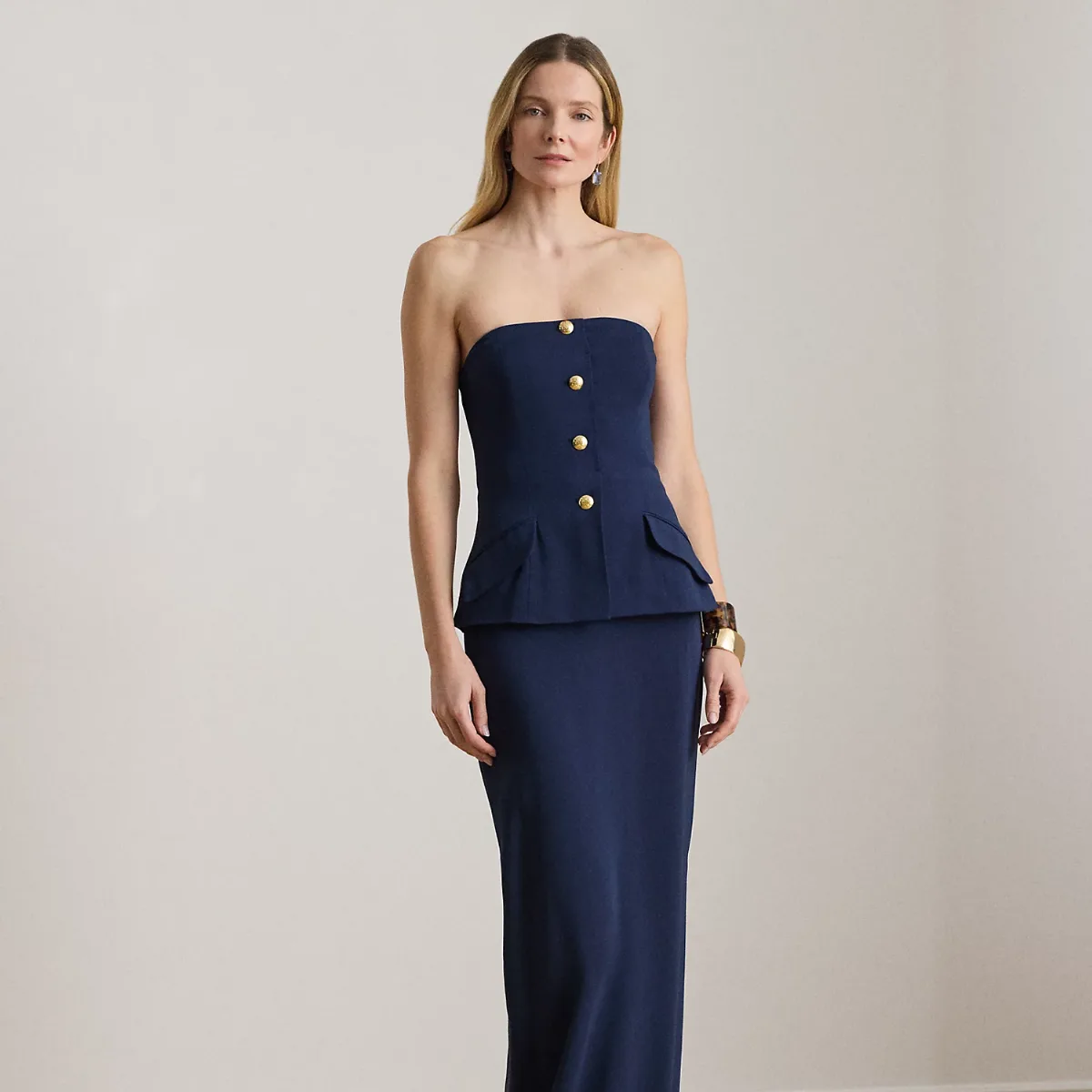 Button-Trim Stretch Cady Strapless Gown by Ralph Lauren