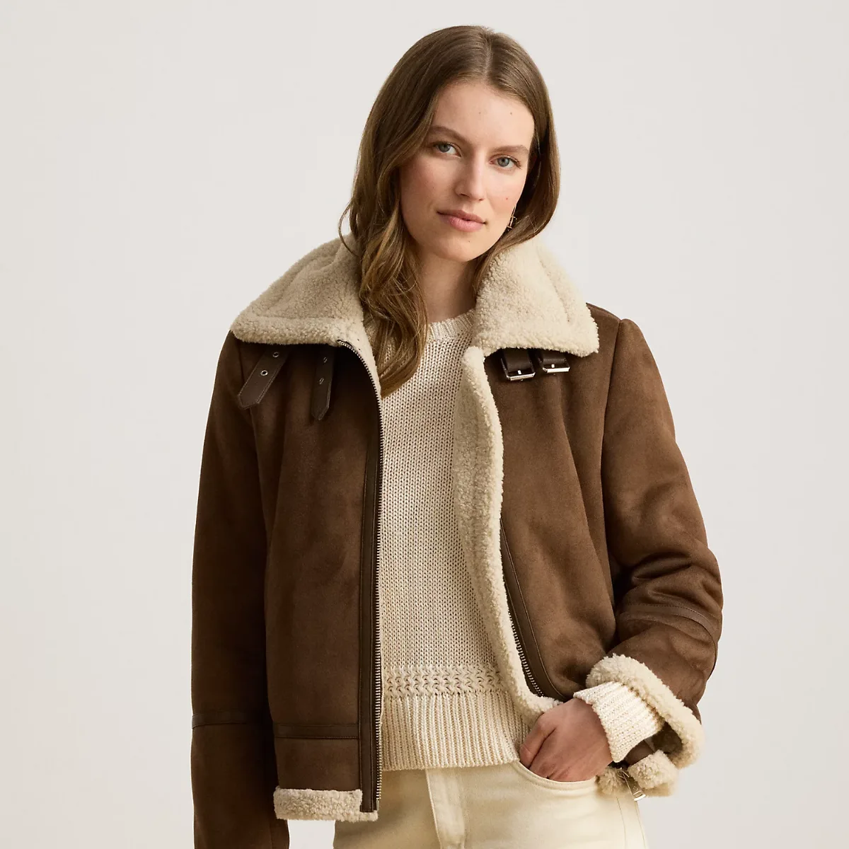 Buckle-Trim Faux-Suede Jacket