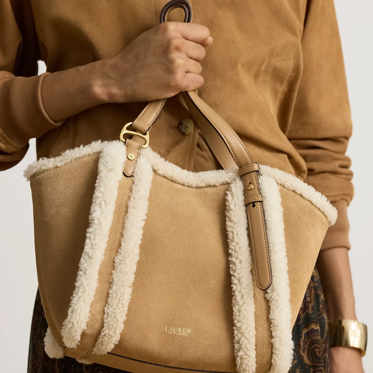 Shearling-Trim Small Tasha Tote Bag by Ralph Lauren