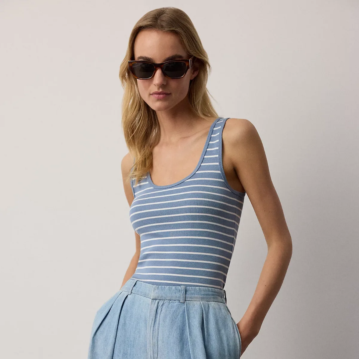 Ellis Rib-Knit Striped Tank Top by Ralph Lauren