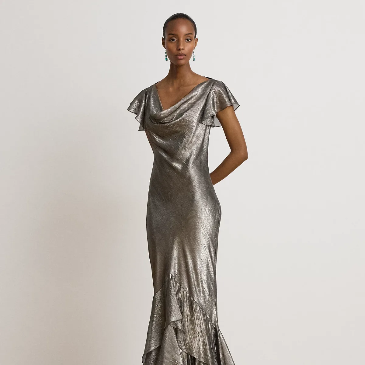 Paisley Metallic Ruffle-Trim Gown