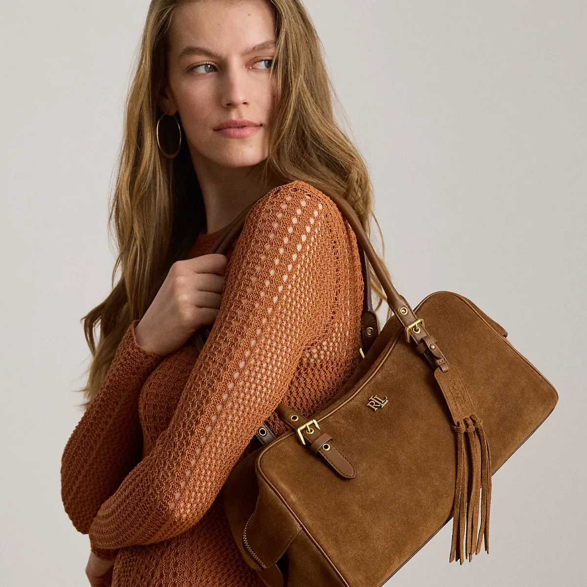 Suede Large Marcy Zip Satchel by Ralph Lauren