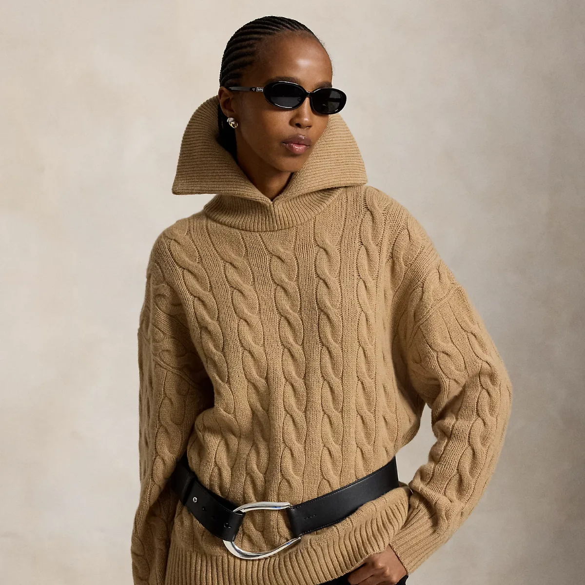 Wide-Collar Cable Wool-Cashmere Sweater by Ralph Lauren