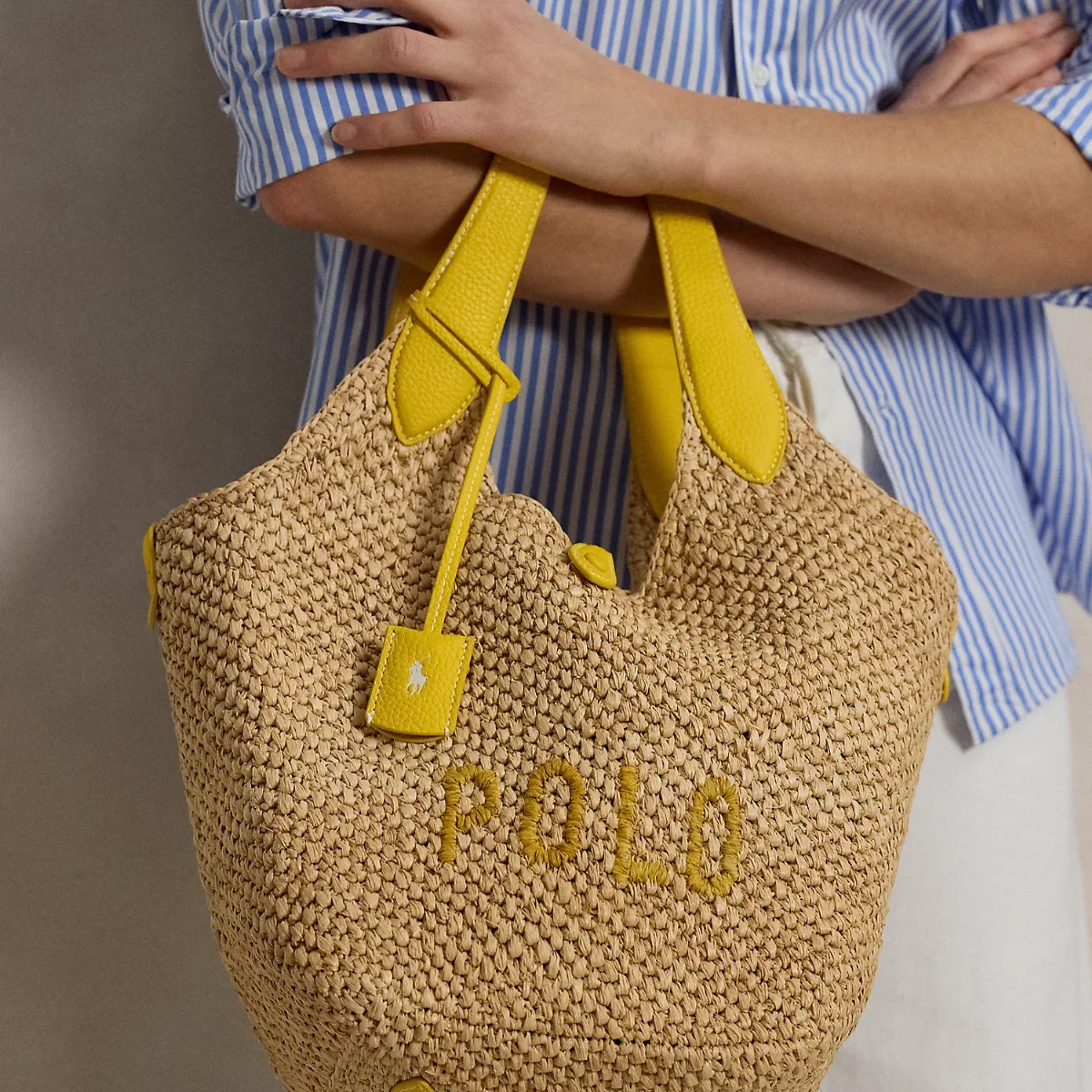 Polo Play Raffia-Leather Logo Tote by Ralph Lauren