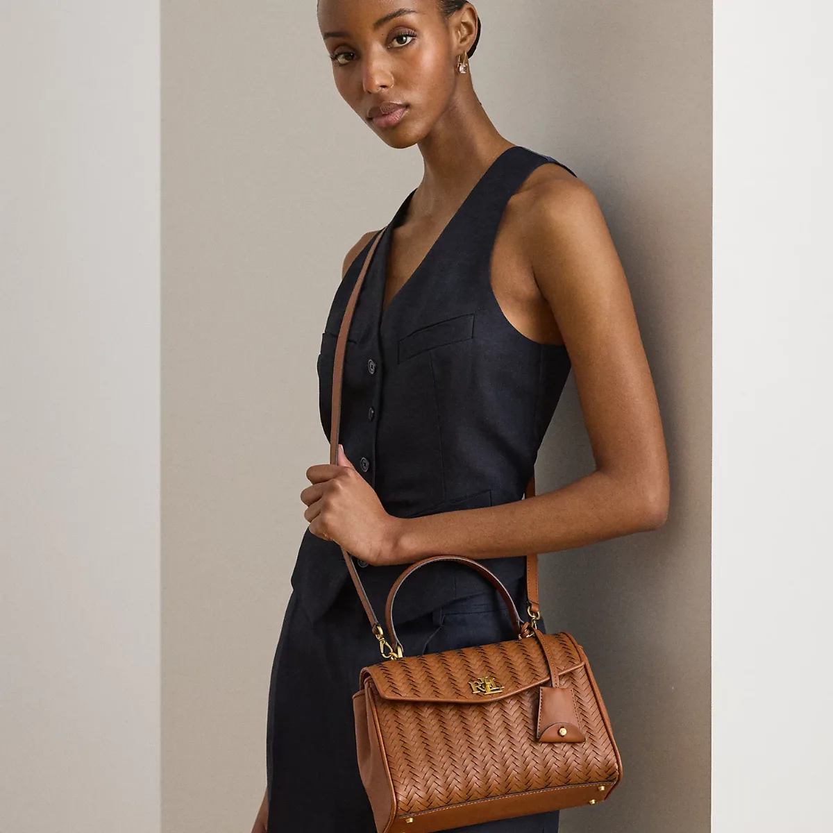 Woven Leather Small Farrah Soft Satchel by Ralph Lauren