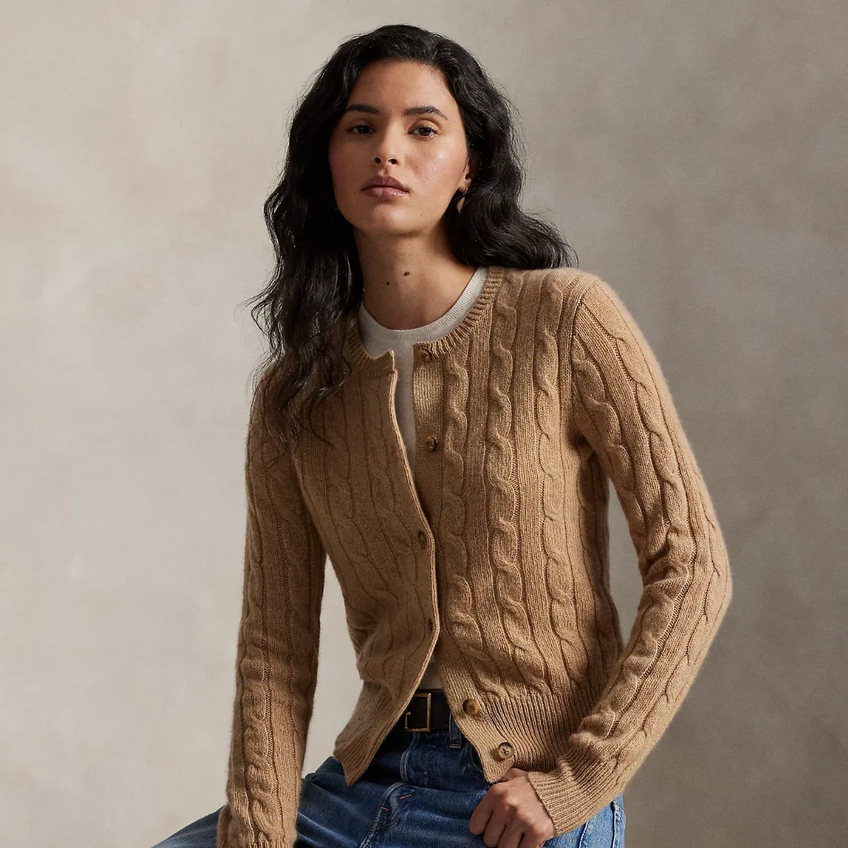 Cable-Knit Cashmere Crewneck Cardigan by Ralph Lauren
