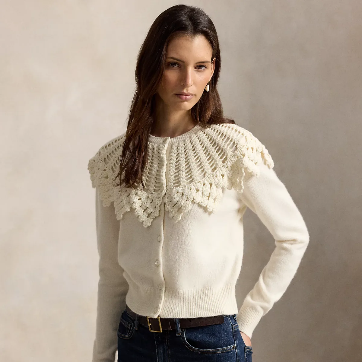 Crochet-Yoke Wool-Alpaca Cardigan by Ralph Lauren