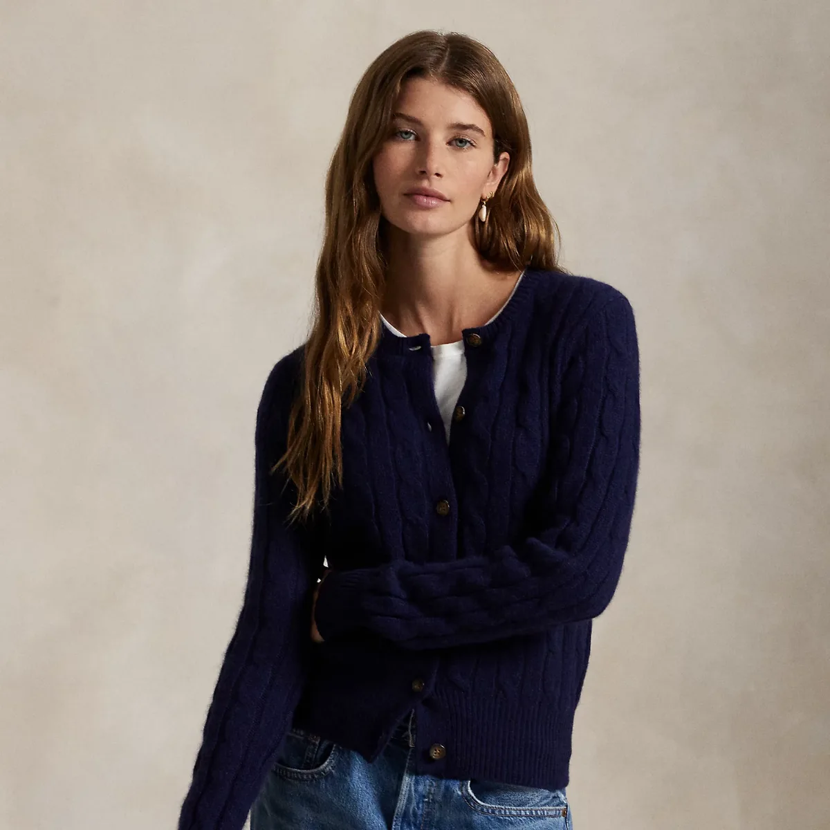 Cable-Knit Cashmere Crewneck Cardigan