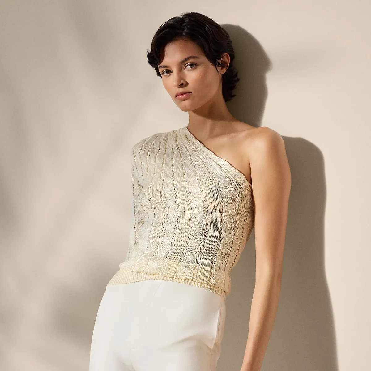 Cable-Knit Silk One-Shoulder Sweater by Ralph Lauren