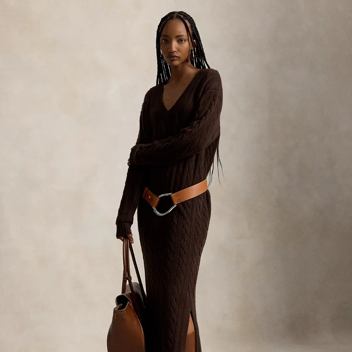 Cable-Knit V-Neck Sweater Dress