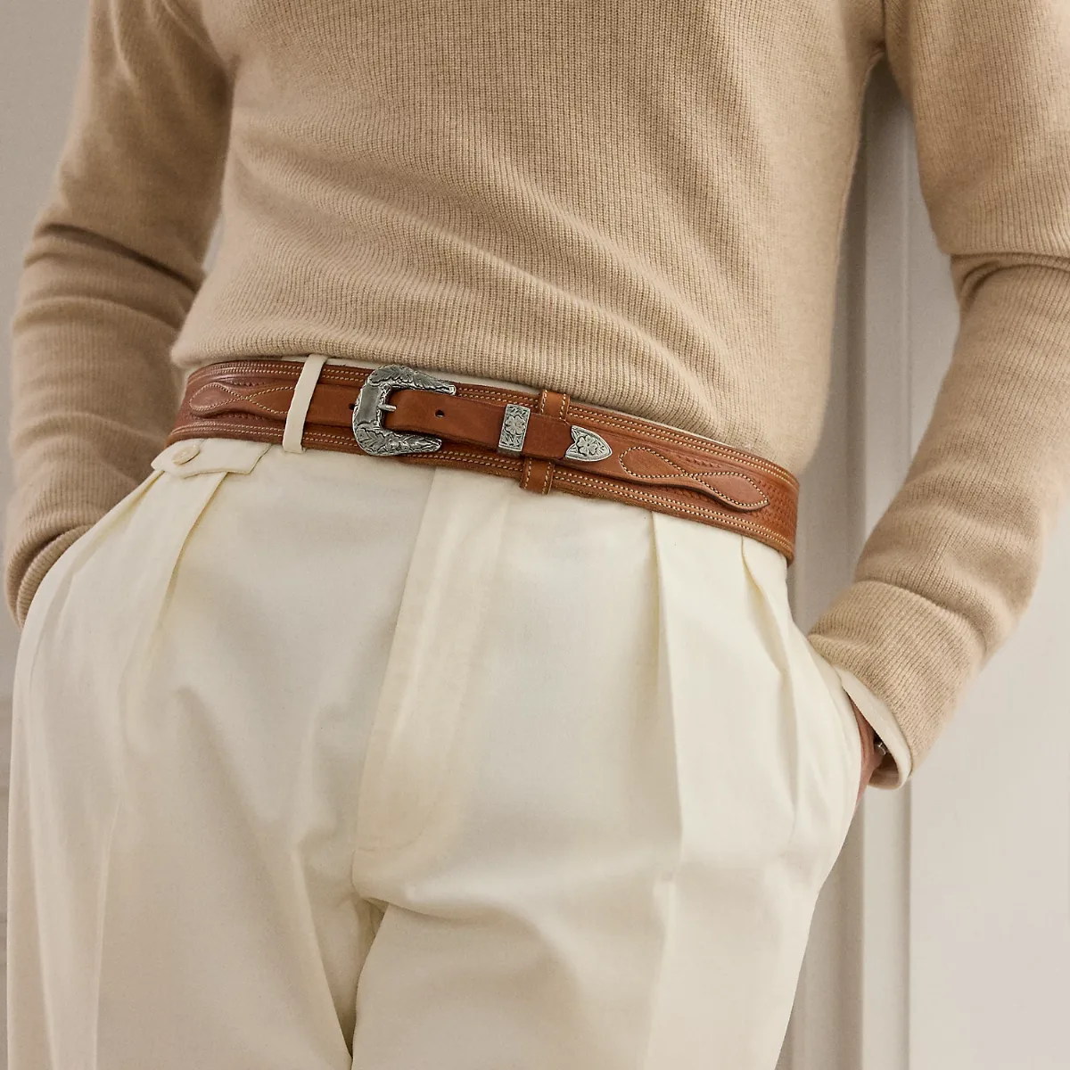 Topstitched Western Leather Belt by Ralph Lauren
