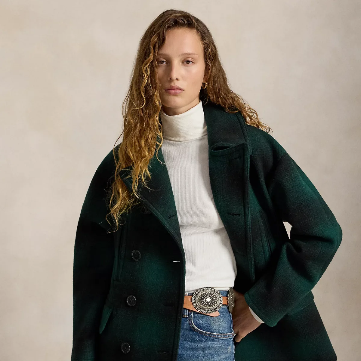 Sculpted Plaid Wool-Blend Peacoat by Ralph Lauren